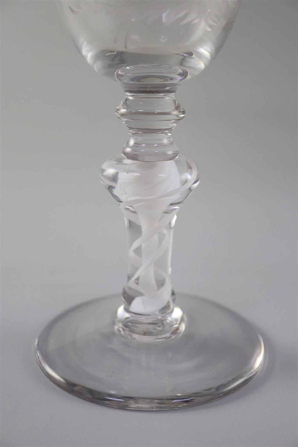 A cotton stem goblet, English or Dutch, c.1765-70, with Beilby design engraving, 19.5cm high